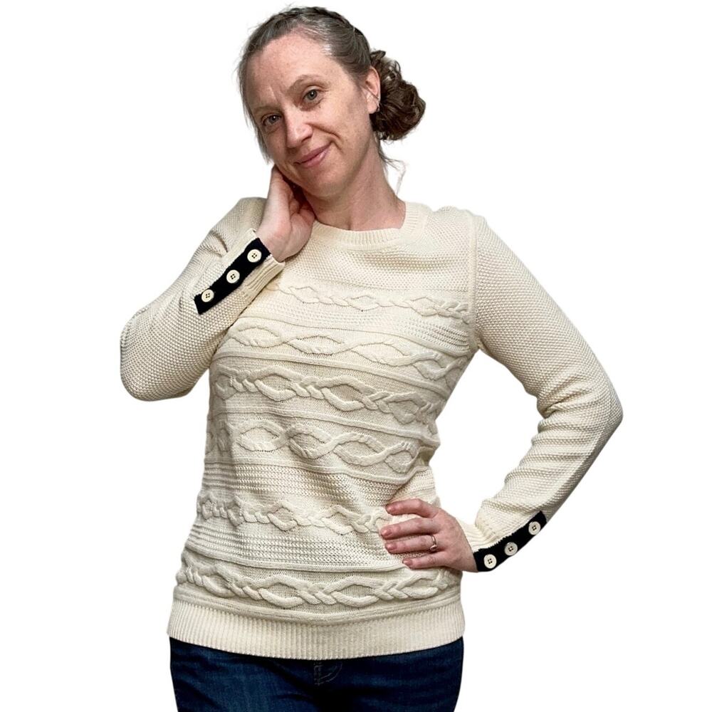 Talbots Cable Knit Fisherman Sweater M Longline Button Cuff Pullover -NWOT